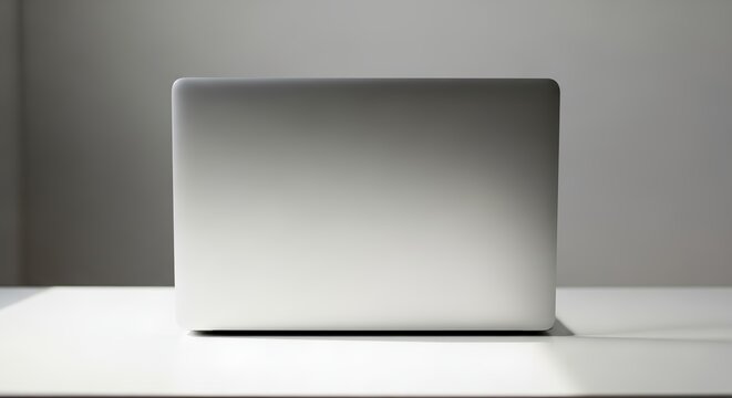 Minimalist closed silver laptop back view standing on a clean white desk. Perfect blank metal surface for sticker, decal, or logo design branding mockup. 