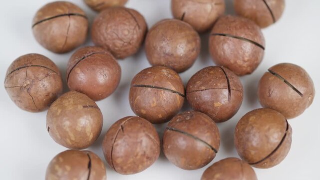 Macadamia nuts closeup. Scattered cluster of warm brown macadamia nuts with scored seams. Overhead flatlay of gourmet macadamia nuts displaying natural texture and warm tones