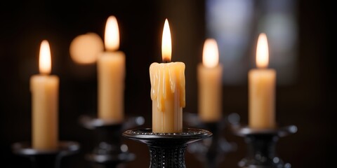 candlelit cathedral, dim cathedral, tenebrae candelabrum, most candles are out, only one burns brightly, creating an eerie atmosphere