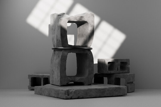 3D render of concrete sculpture in dramatic lighting
