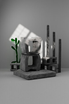 3D render of concrete blocks with plants and rods