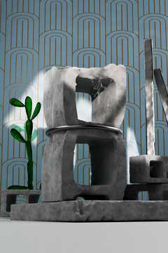 3D render of concrete stack with rods, plant, and wallpaper
