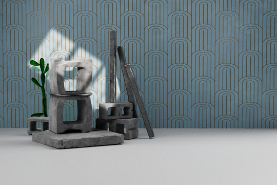 3D render of abstract cement sculpture with wallpaper background