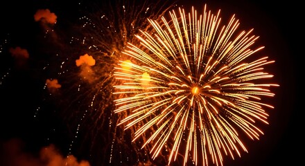 Vibrant firework exploding in night sky with radiant orange and yellow lights