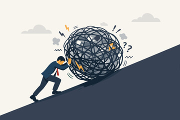 Businessman Pushing a Large Tangled Ball of Chaos and Stress up a Steep Hill, Concept of Mental Health, Depression, Anxiety, Burnout, and Overcoming Difficult Business Challenges and Pressure
