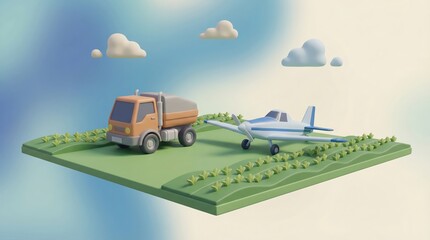 Obraz premium 3D Illustration of Utility Vehicle and Small Plane on Green Agricultural Field