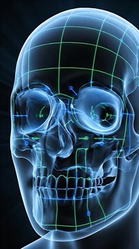 Close-up animated 3D rendering of a transparent human skull with glowing blue translucent bone structure and superimposed green grid overlay highlighting anatomical facial points and cranial sutures