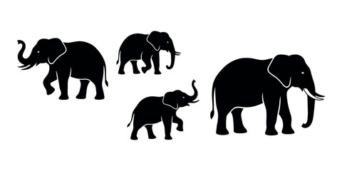 Obraz premium Elephants walking as a family group, featuring adult male and female with a baby calf, black silhouette vector icon set