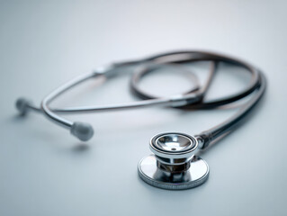 Stethoscope laying on a white surface with soft lighting symbolizing healthcare and medical examination tools for doctors and nurses in clinical settings