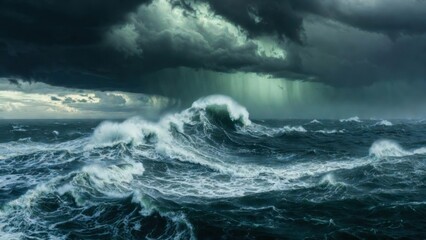 Naklejka premium Rough ocean waves crashing beneath heavy storm clouds at sea.