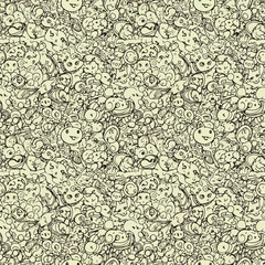 Fototapeta premium Seamless pattern of cute doodle monsters and characters in black and white on a cream background
