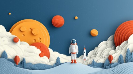 Fototapeta premium 3D layered papercut illustration of brave astronaut exploring distant galaxy and planets in deep space. Whimsical paper craft, discovery and imagination concept