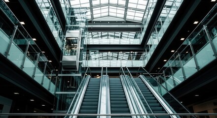 Modern Architectural Marvel Featuring Escalators and Glass Elevators with Geometric Designs