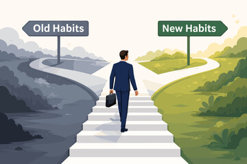 Businessman walking up stairs to a fork in the road between dark old habits and bright new habits. Concept of personal growth, life transformation, career success, and positive lifestyle change.