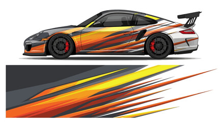 Fototapeta premium Dynamic illustration of a sleek racecar with bold orange and red flame graphics and sweeping streaks.