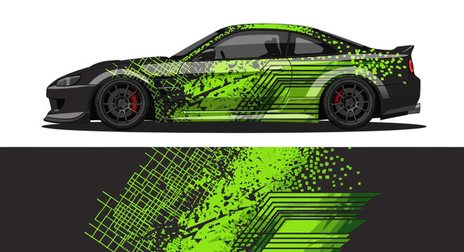 Side view of a high-performance green and black racecar with bold graphic decals and dynamic urban styling.