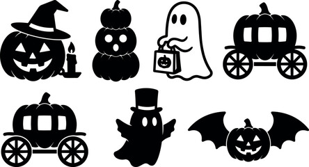 Fototapeta premium Flat design halloween vector icon set showing carved pumpkin ghost lantern carriage witch top hat candle bat silhouettes smiling spooky