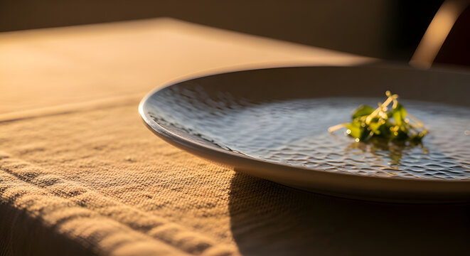 Close-up of a ceramic plate and linen texture