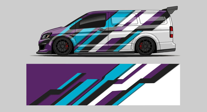 Vibrant graphic wrapped car with blue purple racing stripes and decals.