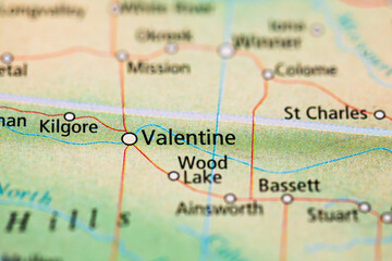 Obraz premium Close up printed map of Valentine Wood Lake and Bassett Nebraska.