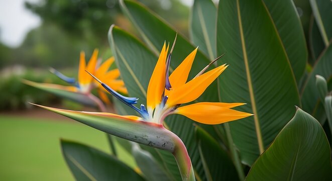 Vibrant Orange Bird of Paradise Flowers.