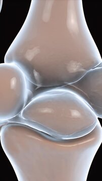 Close up CGI of a healthy knee joint showing smooth articulating cartilage surfaces with bone structure highlighted against a dark background, ideal for medical education and scientific presentations