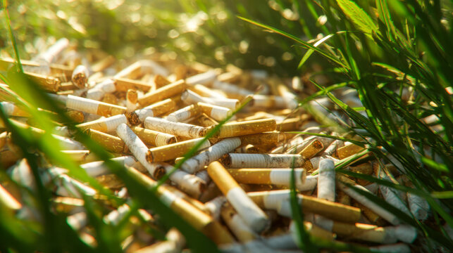 Discarded cigarette butts littering green grass under warm sunlight symbolizing environmental pollution and harmful effects of smoking on nature and health