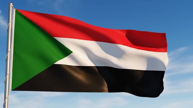 The national flag of Sudan proudly waves in the wind against a clear blue sky.