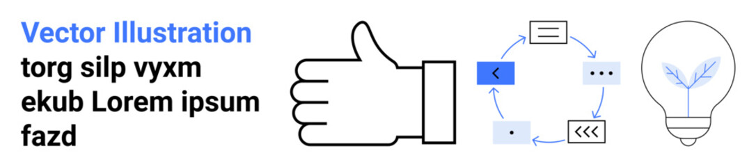 Obraz premium Business strategy, project planning, idea generation, workflow optimization, teamwork, innovation management. Hand gesture, process diagram and light bulb. Idea generation and project planning