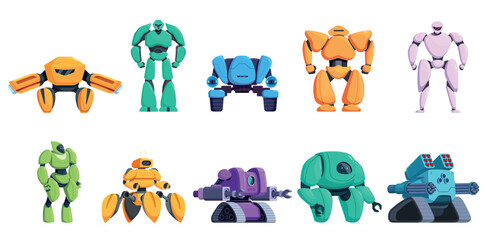 Obraz premium Cartoon transformers. Futuristic cyborgs, various android transformer character. Creative soldier from future in neo armor, ai electronic warriors sapid vector set