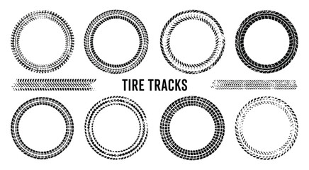 Grunge Circle Tire Tracks Vector Set with Wheel Braking Marks, Truck, Car and Motorcycle Tread Pattern Silhouettes for Auto Race, Motorsport and Speed Racing Design © BROZEEX