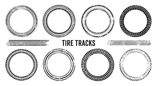 Grunge Circle Tire Tracks Vector Set with Wheel Braking Marks, Truck, Car and Motorcycle Tread Pattern Silhouettes for Auto Race, Motorsport and Speed Racing Design