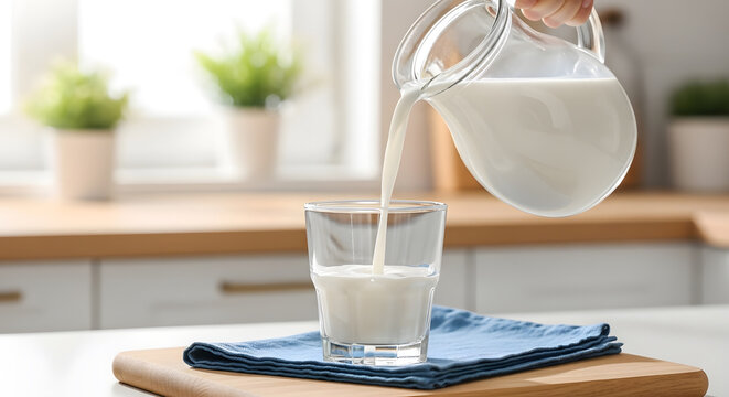 Pouring fresh milk from glass pitcher into a glass | Healthy breakfast routine with organic dairy and calcium | Farmhouse style kitchen with natural light | Beverage nutrition and wellness