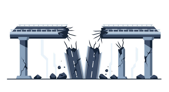 Damaged concrete pillars with cracks and debris under a damaged bridge.