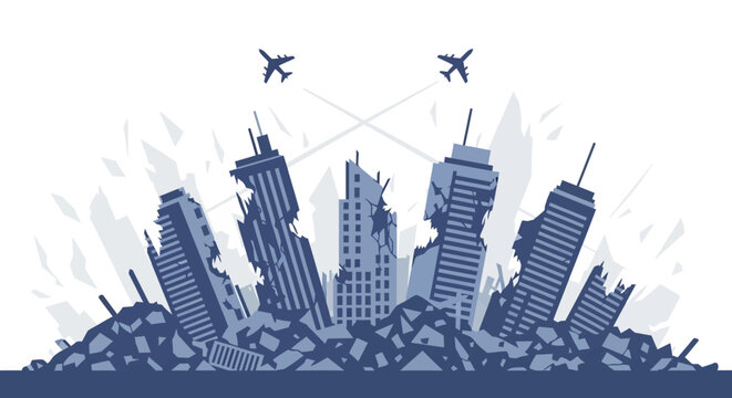 Cityscape Destruction Chaos with Buildings and Planes.
