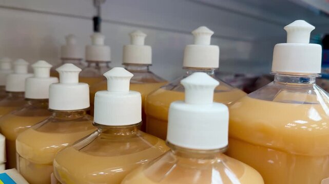 Transparent Bottles Of Tar Soap Are Placed On A Shelf, The Liquid Is Visible Through Transparent Plastic, White Dispensers With A Pump Are Lined Up In A Neat Row, Close-up.