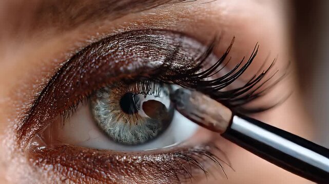 Exploring the art of eye makeup in stunning detail with a close-up view of the eyelid and applying elegant shadows for an enchanting look