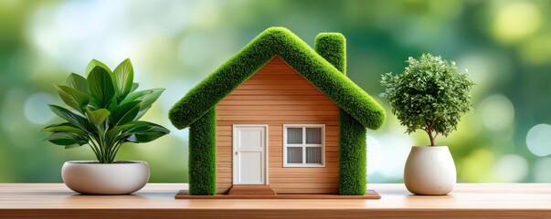 Naklejka premium Green eco house model with grass roof and potted plants symbolizing sustainable living