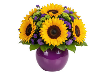 Obraz premium Vibrant sunflowers in a purple vase with a white background
