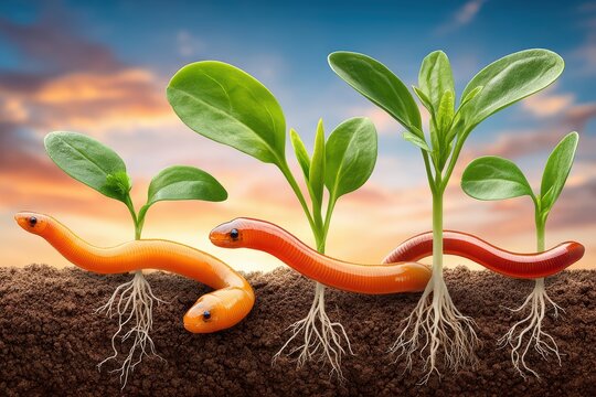 Earthworms in soil beneath young plants with visible roots illustrating soil health and plant growth