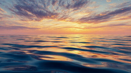 Obraz premium Tranquil ocean surface reflecting soft golden and purple hues of a dramatic sunset sky with scattered clouds over the calm sea horizon