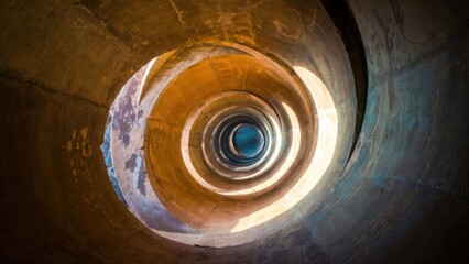 Fototapeta premium Concrete spiral shaft with light rings inside cylindrical structure.