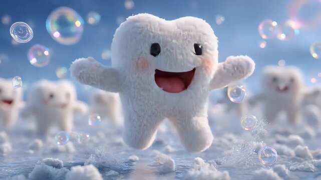 Joyful fluffy teeth characters dance among cheerful bubbles in a dreamy sky, enchanting viewers with their charm and vibrant energy during a magical moment