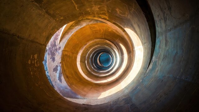 Concrete spiral shaft with light rings inside cylindrical structure.
