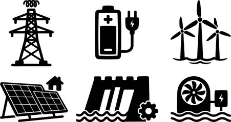 Naklejka premium Flat design renewable energy icon set showing transmission tower battery plug wind turbines solar panels hydro dam and tidal turbine