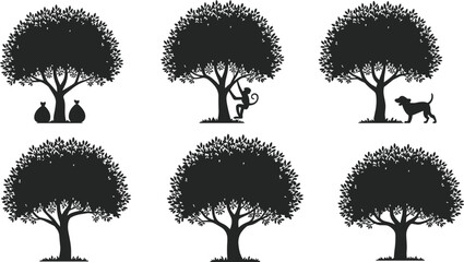 Orchard tree silhouettes collection, monkey climbing tree, dog standing by trunk, apple harvest sacks, cad drawing flat vector, © Monjila