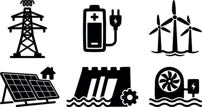 Flat design renewable energy icon set showing transmission tower battery plug wind turbines solar panels hydro dam and tidal turbine