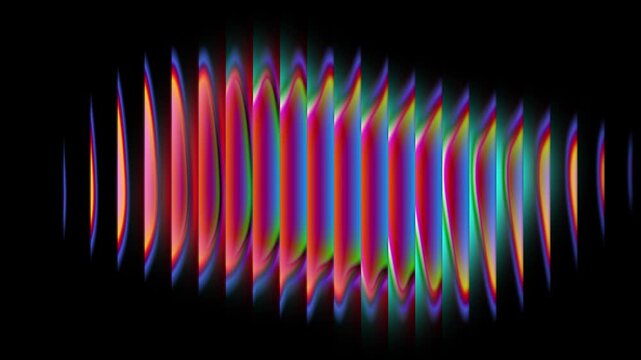 Abstract animation of colorful spectrum light waves forming rhythmic vertical distortions on a dark background. Vibrant neon gradients create a dynamic signal-like pattern inspired by audio visualizer