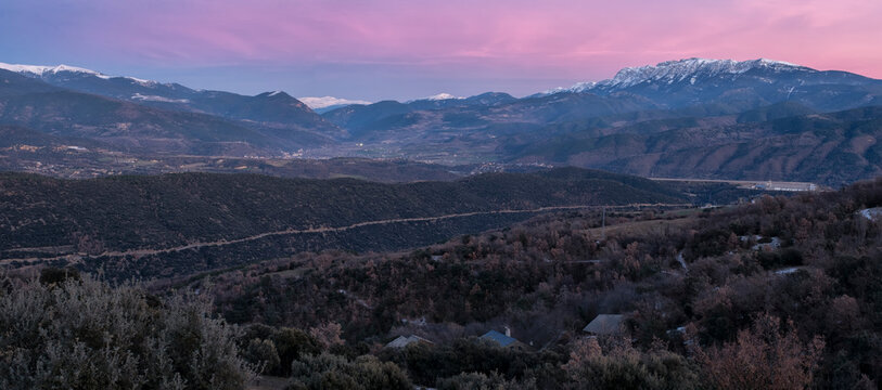Panoramic Sunset over the Serra del Cad&iacute; and Mountain Village
