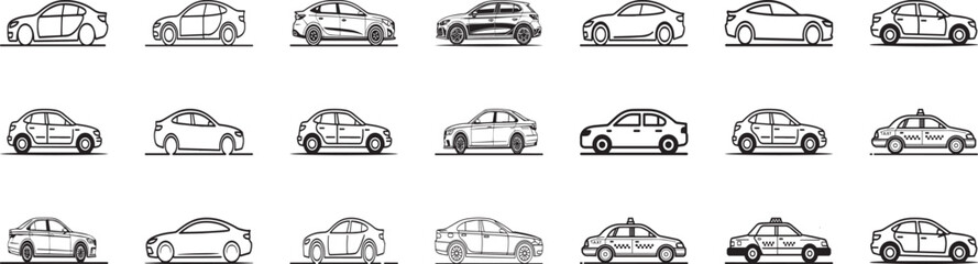 Fototapeta premium Modern Car Side View Line Art Icons Set and Taxi Sedan Automobile Outline Collection